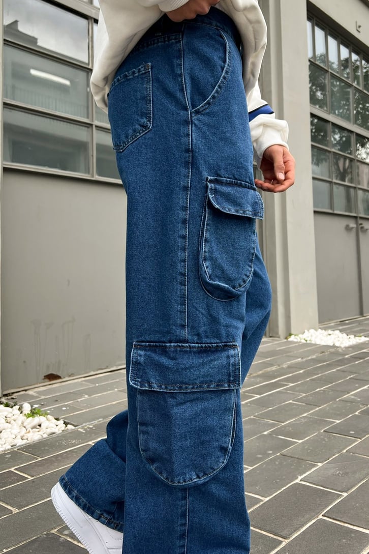 Cargo Pocket Mavi Baggy Jean