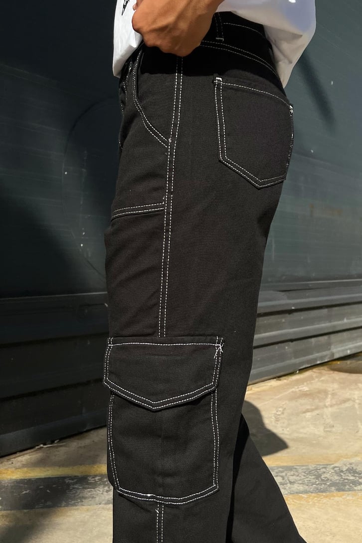 Cargo Pocket Siyah Baggy Jean