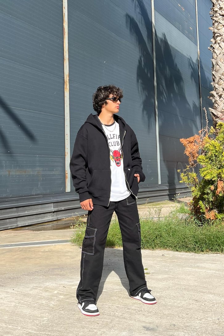 Cargo Pocket Siyah Baggy Jean