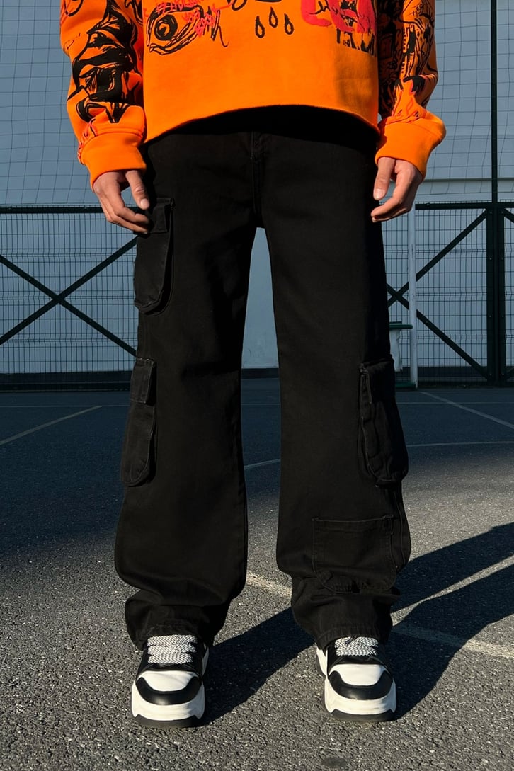 Cargo Pocket Siyah Baggy Jean