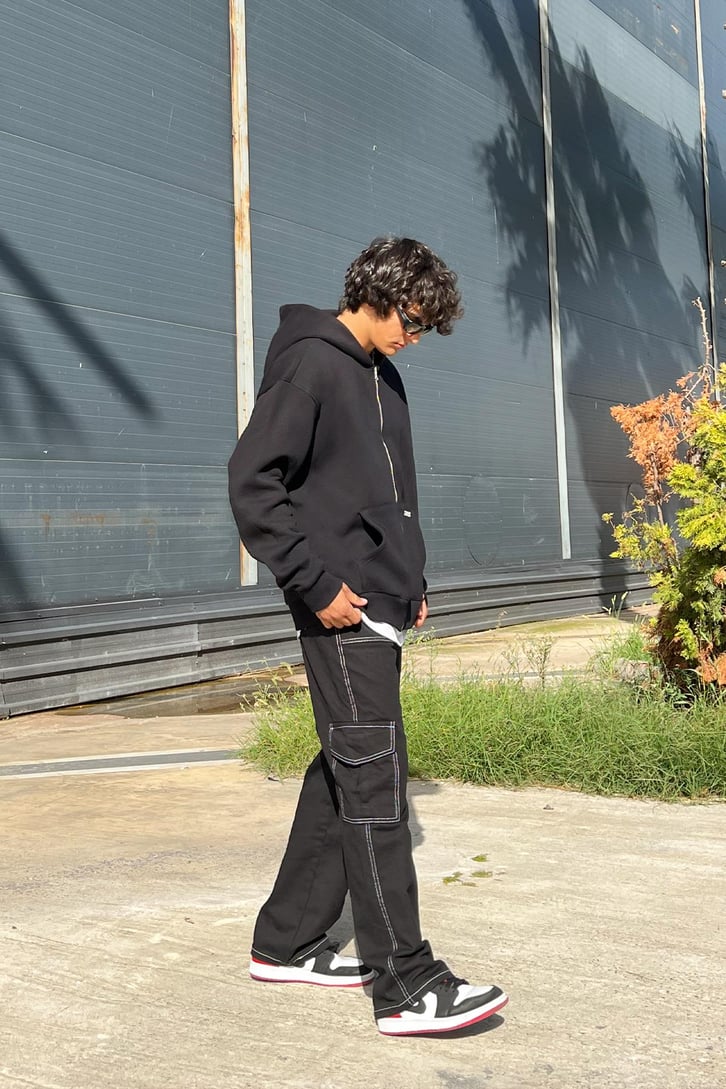 Cargo Pocket Siyah Baggy Jean