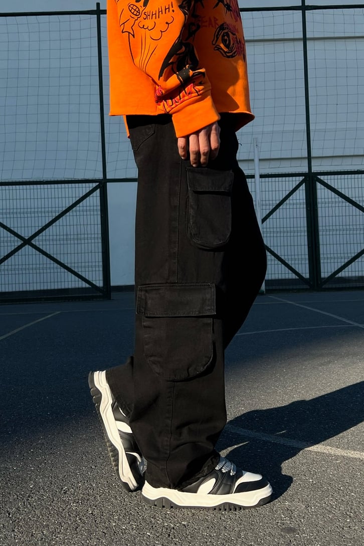 Cargo Pocket Siyah Baggy Jean