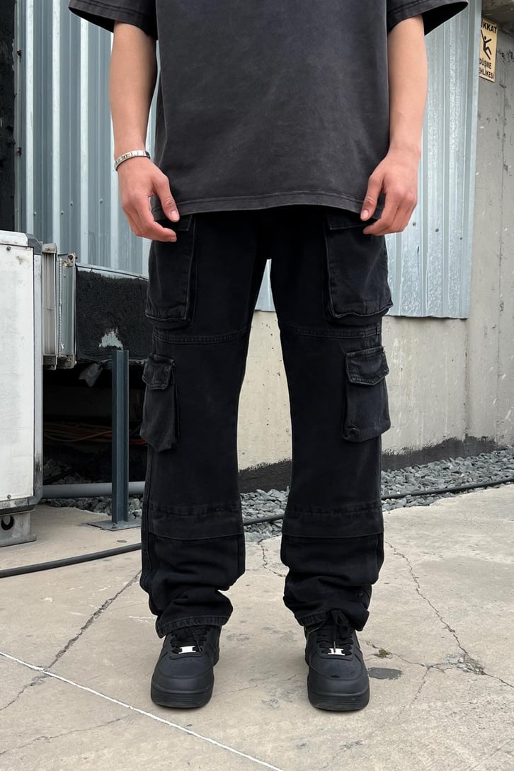 Cargo Pocket Siyah Baggy Jean
