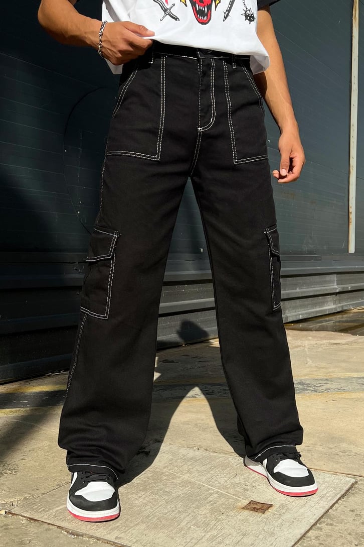 Cargo Pocket Siyah Baggy Jean