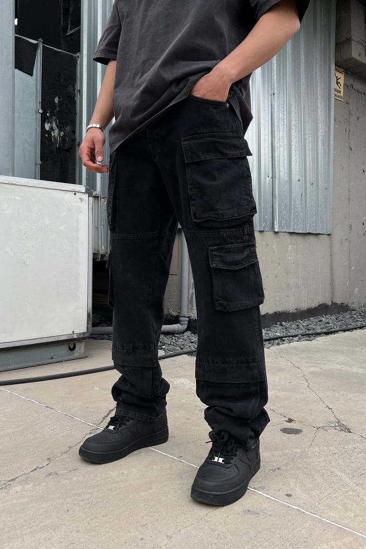 Cargo Pocket Siyah Baggy Jean