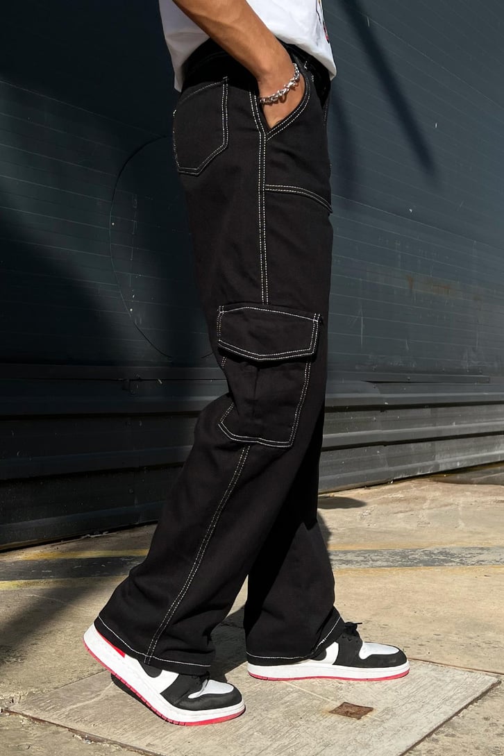 Cargo Pocket Siyah Baggy Jean