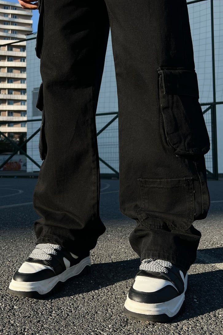 Cargo Pocket Siyah Baggy Jean