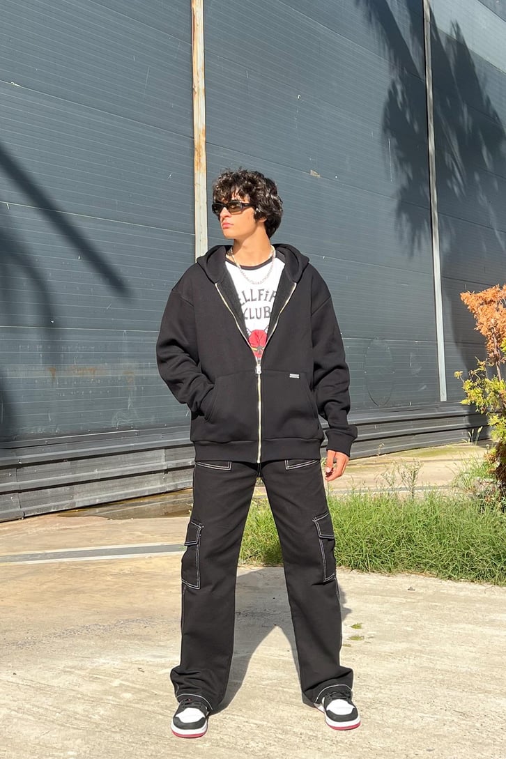 Cargo Pocket Siyah Baggy Jean