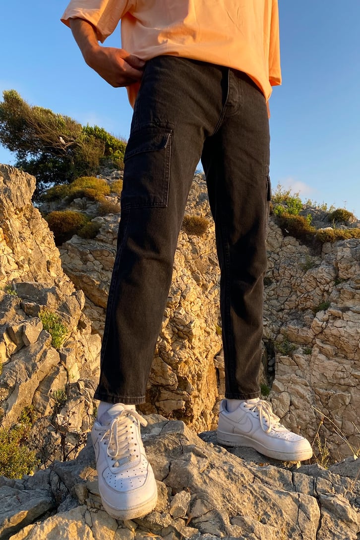 Cargo Pocket Siyah Mom Jean