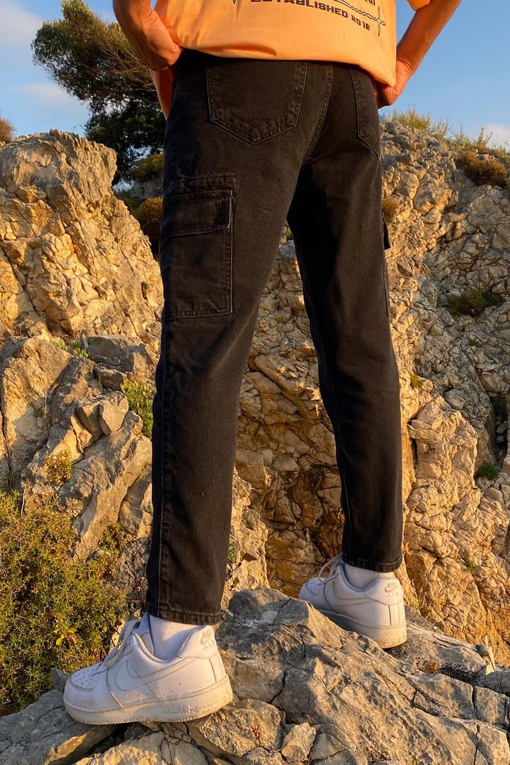 Cargo Pocket Siyah Mom Jean