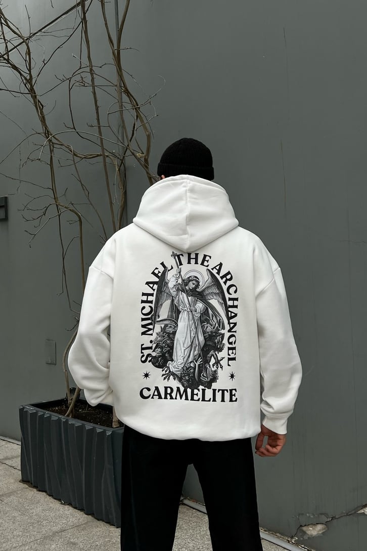 Carmelite Sırt Baskılı Beyaz Oversize Hoodie