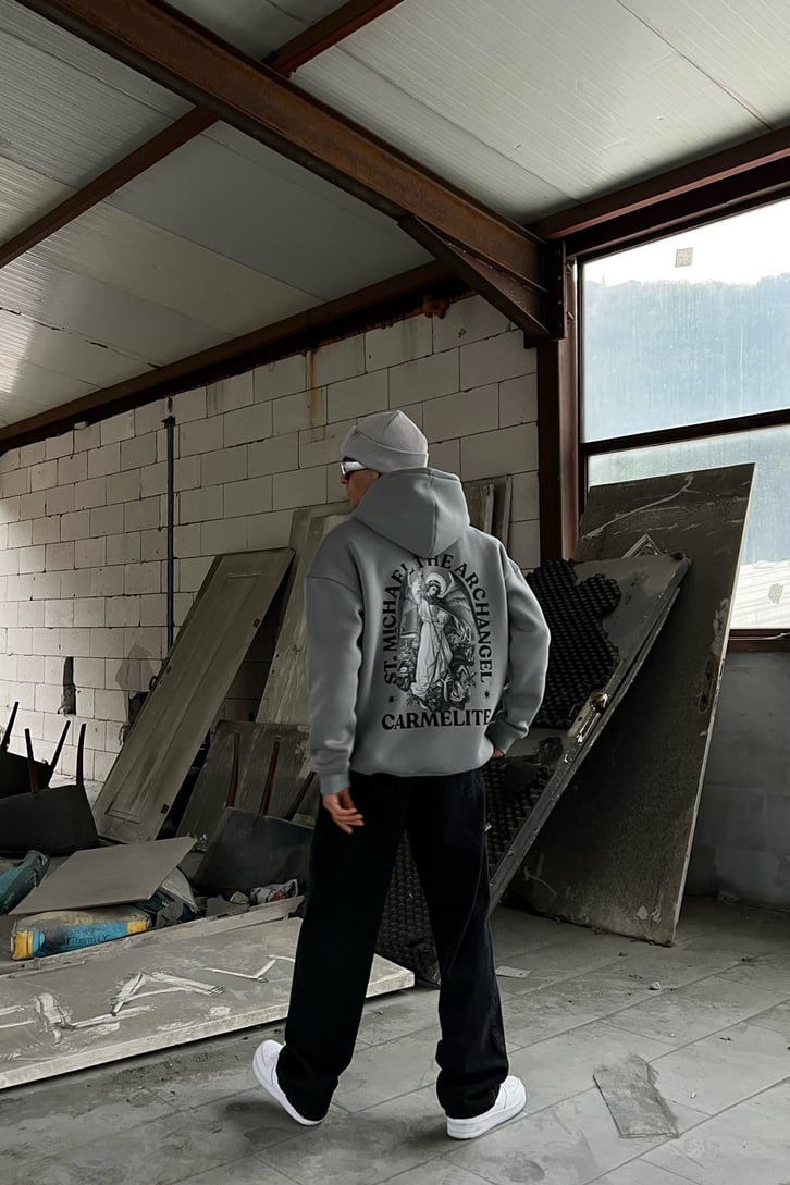 Carmelite Sırt Baskılı Koyu Gri Oversize Hoodie