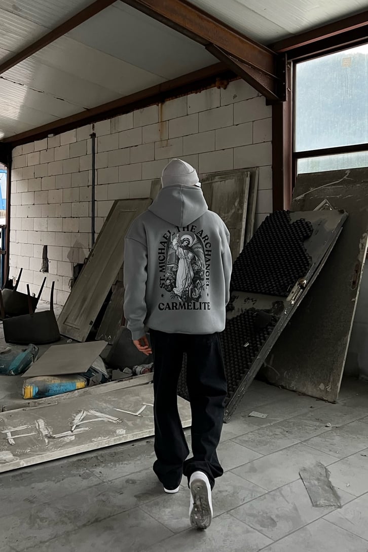 Carmelite Sırt Baskılı Koyu Gri Oversize Hoodie