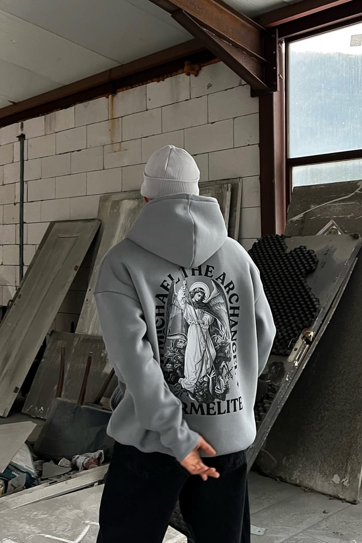 Carmelite Sırt Baskılı Koyu Gri Oversize Hoodie