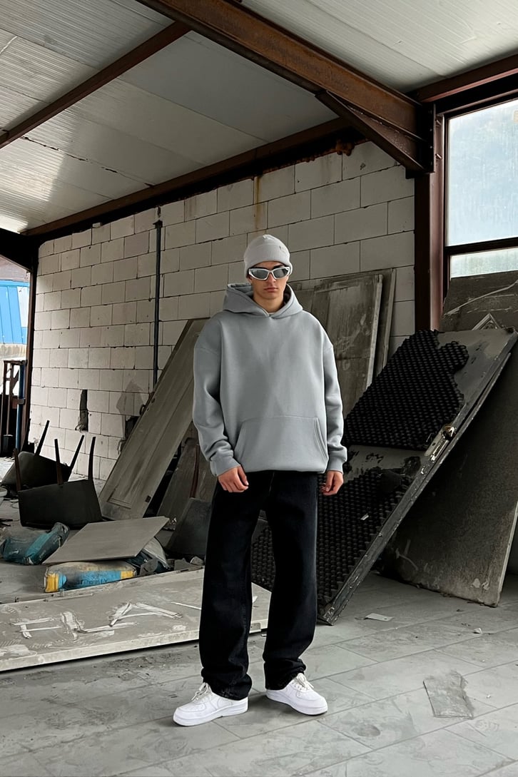 Carmelite Sırt Baskılı Koyu Gri Oversize Hoodie