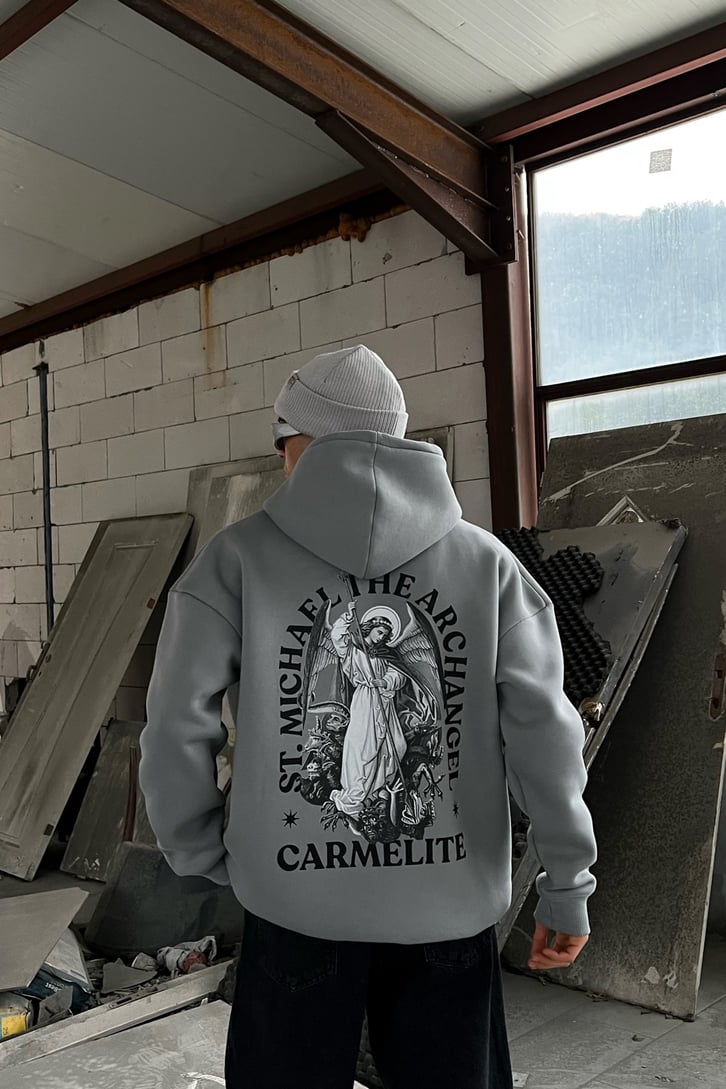 Carmelite Sırt Baskılı Koyu Gri Oversize Hoodie