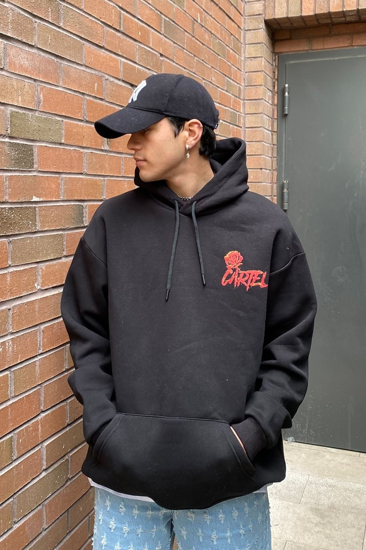 Cartel Overisze Printed Siyah Hoodie