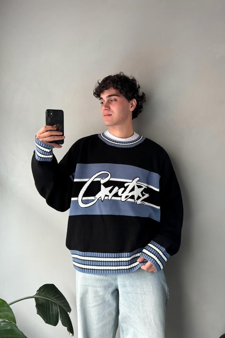 Cartez Nakışlı Çizgili Oversize Kazak