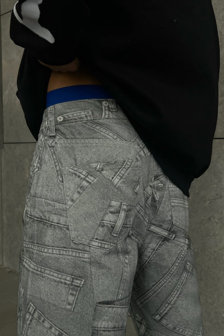 Cep Desenli Gri Baggy Jean