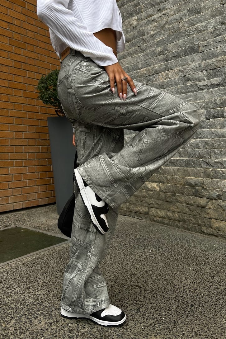 Cep Desenli Gri Baggy Jean