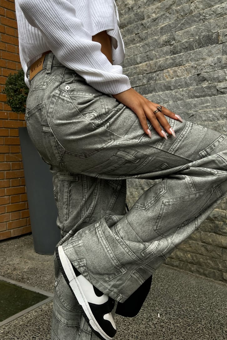 Cep Desenli Gri Baggy Jean
