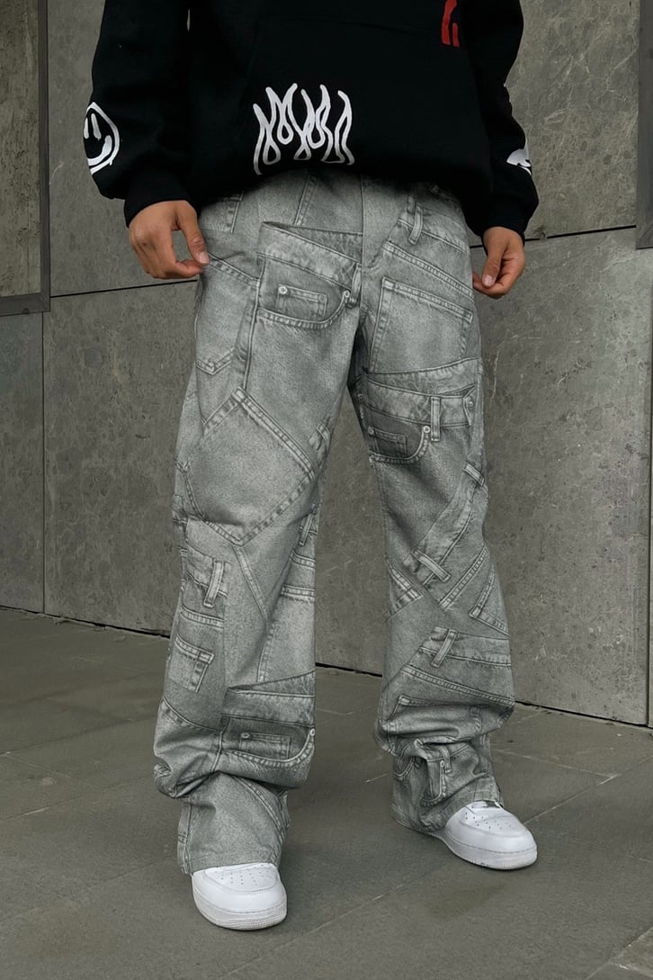 Cep Desenli Gri Baggy Jean