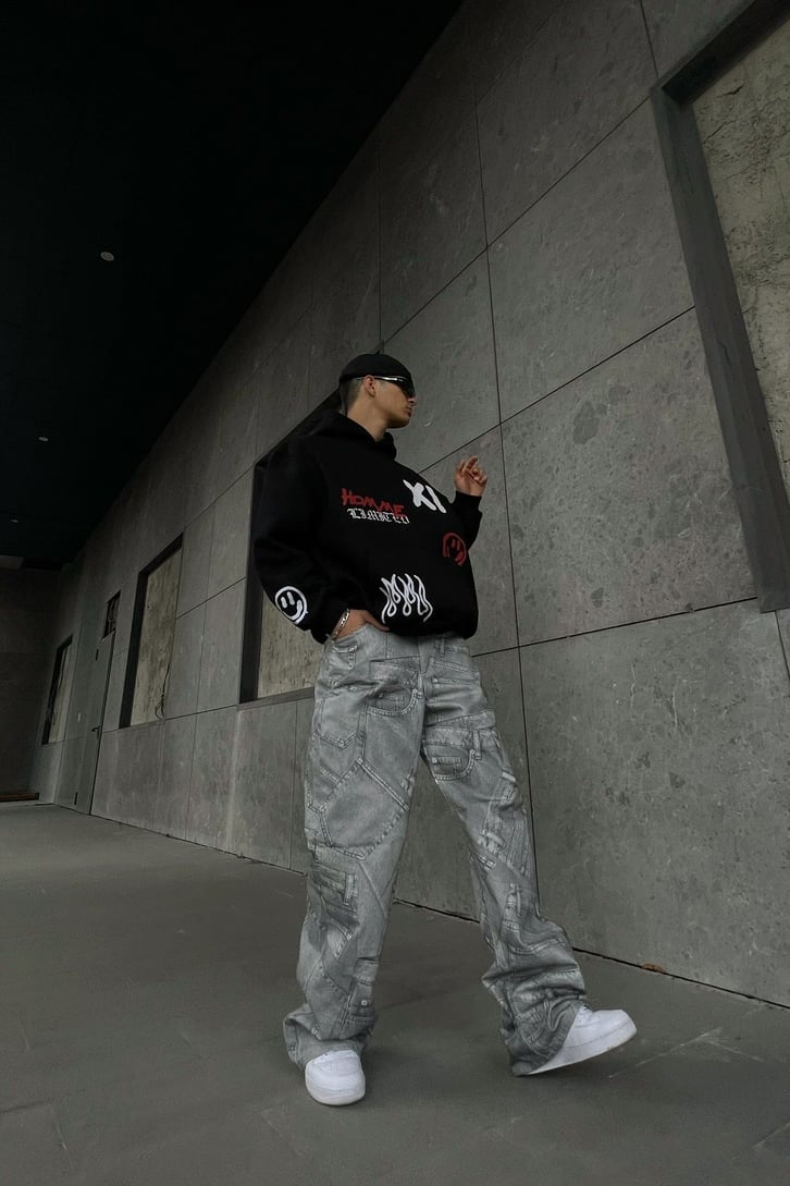 Cep Desenli Gri Baggy Jean