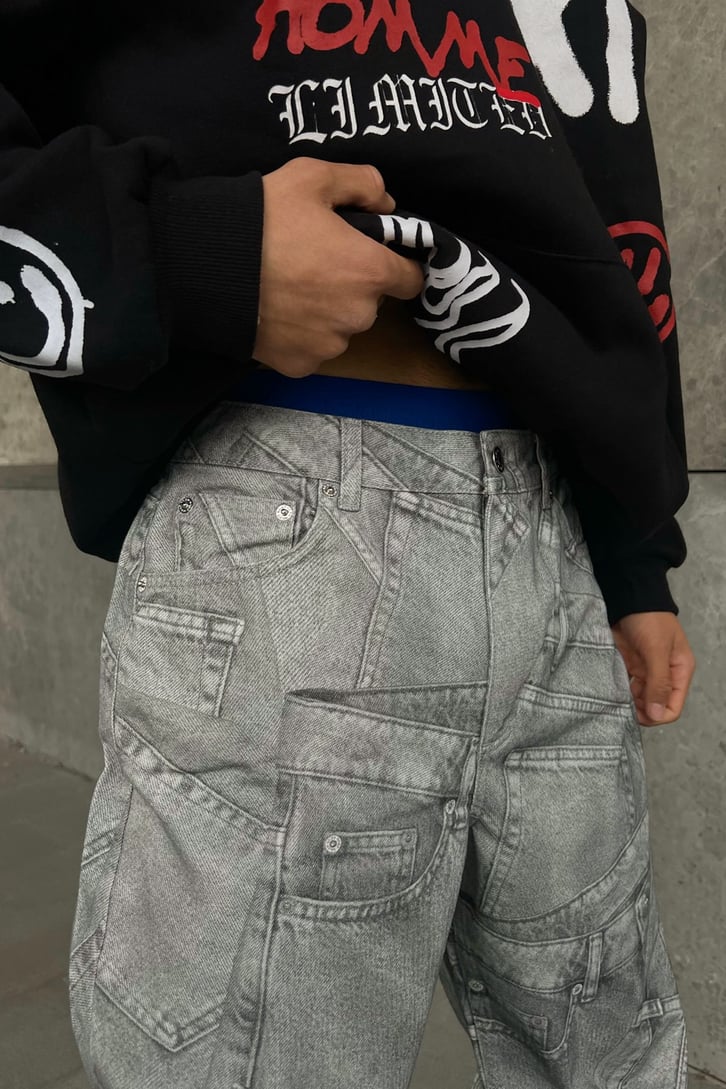 Cep Desenli Gri Baggy Jean