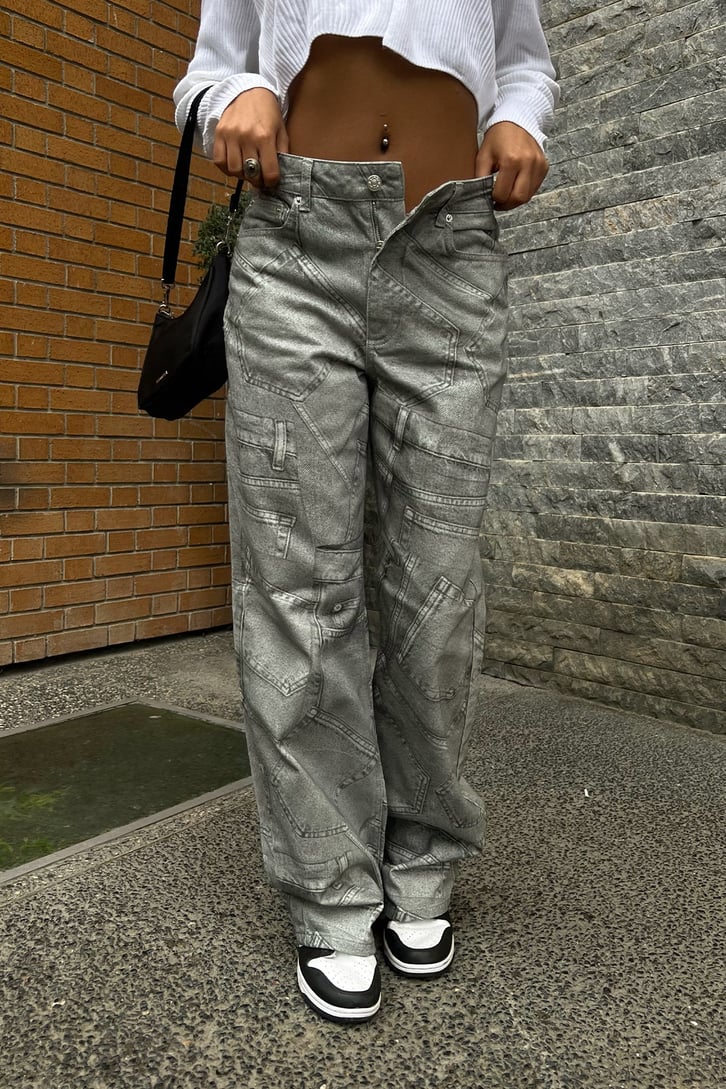 Cep Desenli Gri Baggy Jean