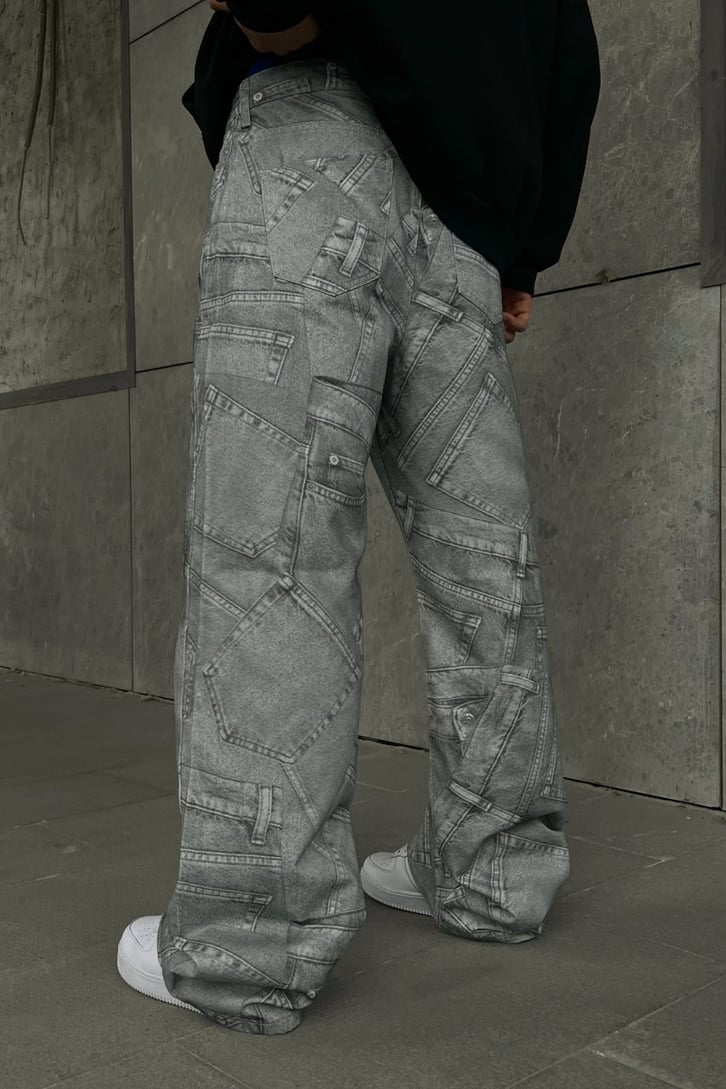 Cep Desenli Gri Baggy Jean