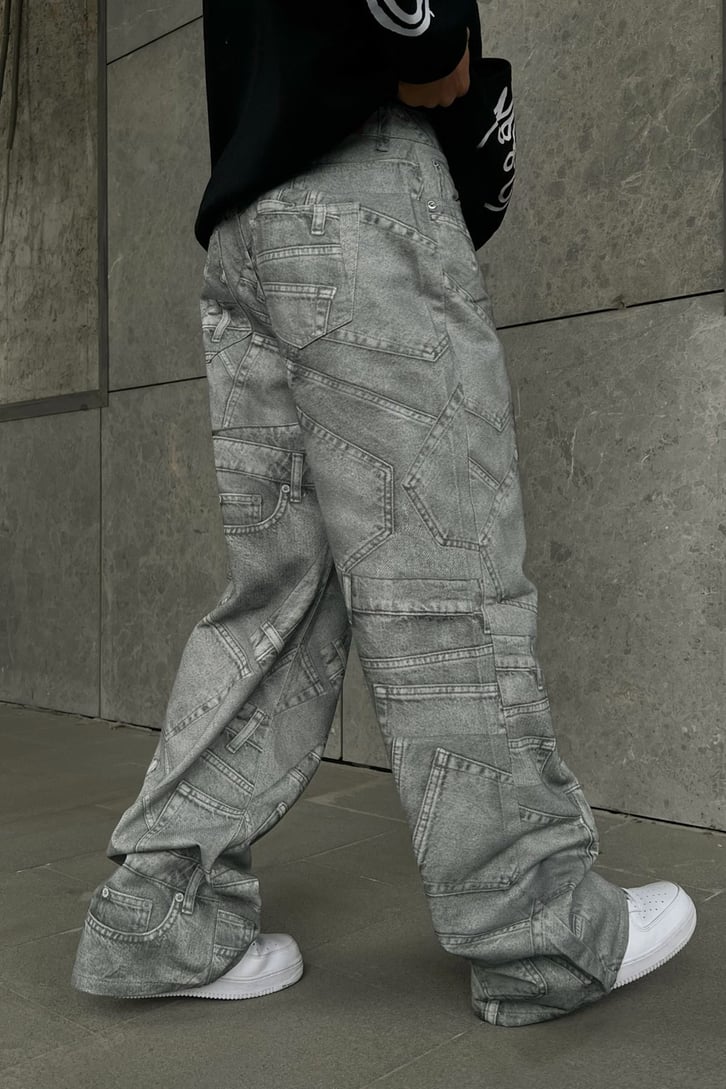 Cep Desenli Gri Baggy Jean