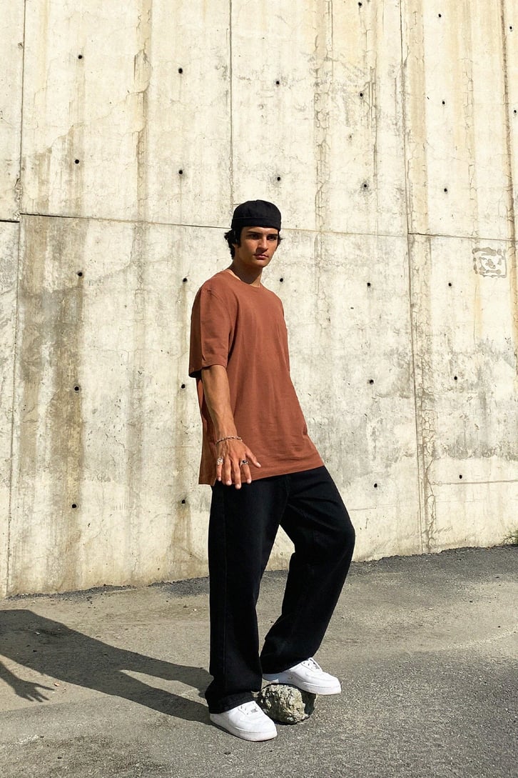 Cep Detay Basic Kahverengi Oversize Tshirt