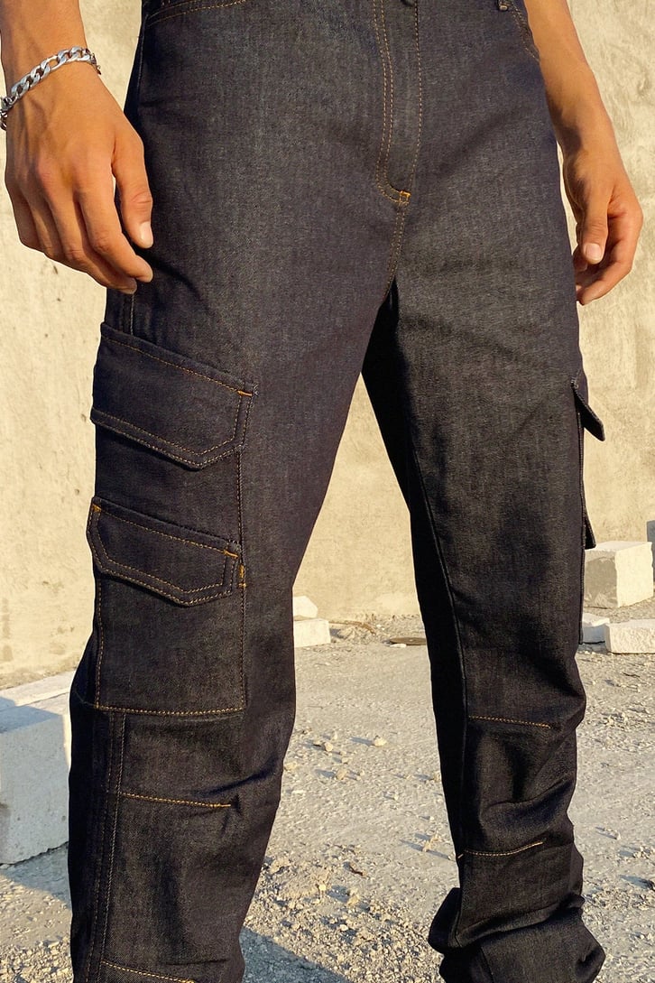 Cep Detay Koyu Mavi Baggy Jean