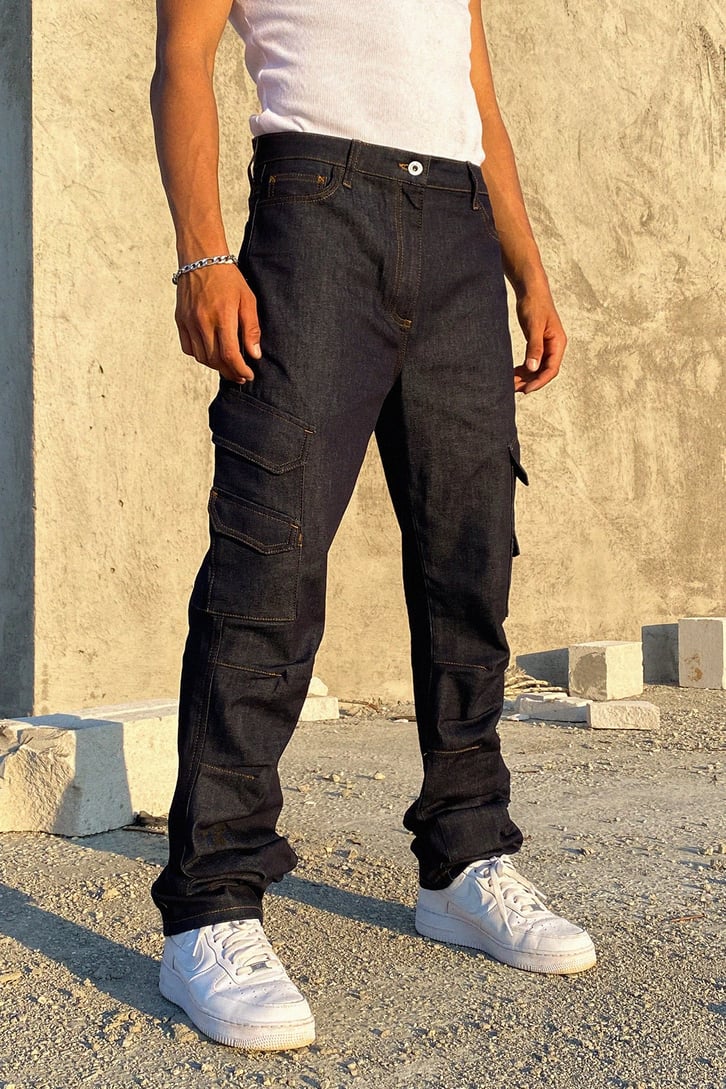 Cep Detay Koyu Mavi Baggy Jean