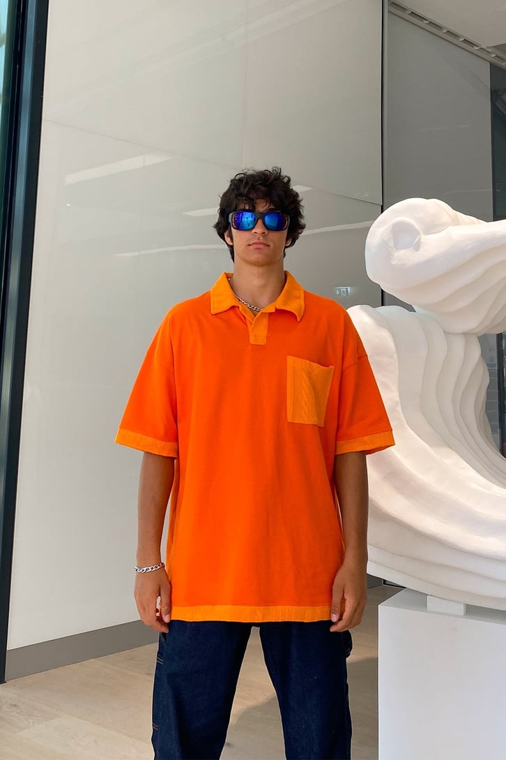 Cep Detay Nakışlı Turuncu Oversize Tshirt