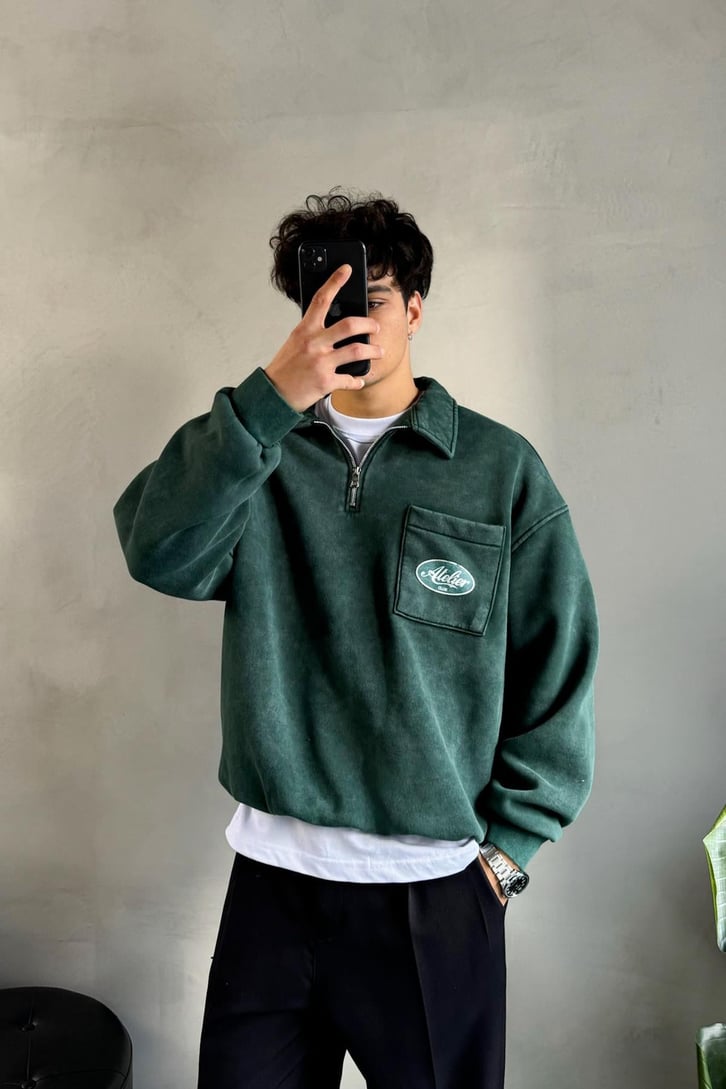 Cep Detay Polo Yaka Sweatshirt