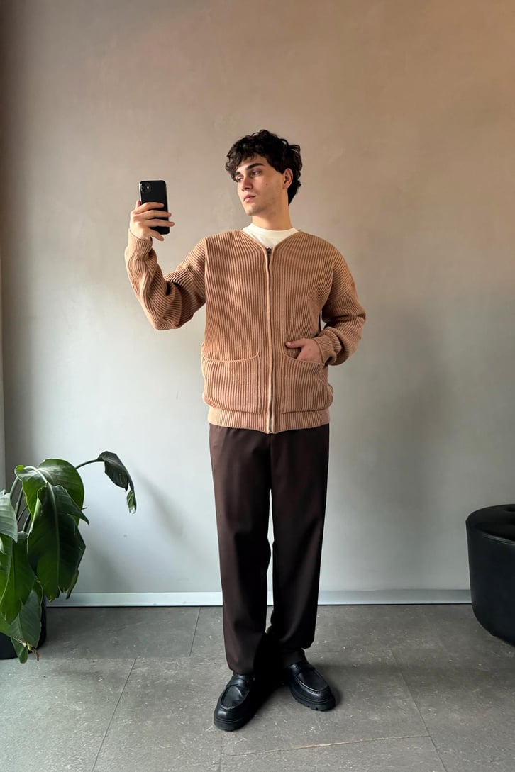 Cep Detay Zip Camel Triko Hırka