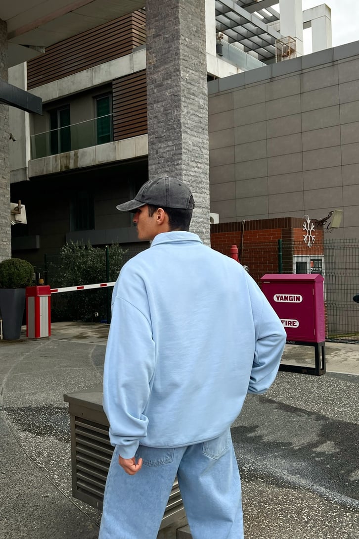 Cep Detaylı Bebek Mavisi Half-Zip Sweatshirt