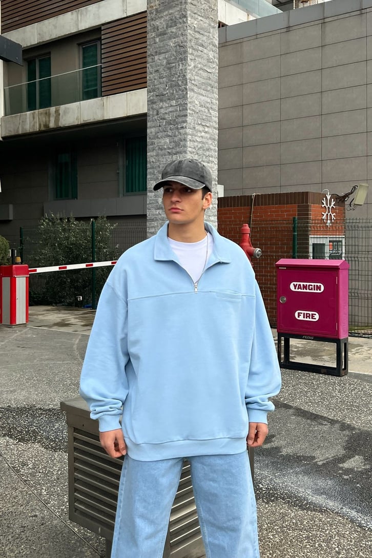 Cep Detaylı Bebek Mavisi Half-Zip Sweatshirt