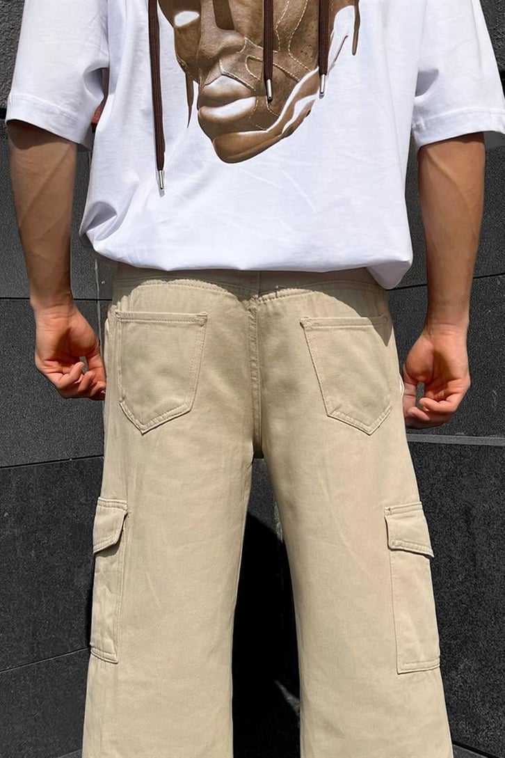 Cep Detaylı Bej Baggy Pantolon