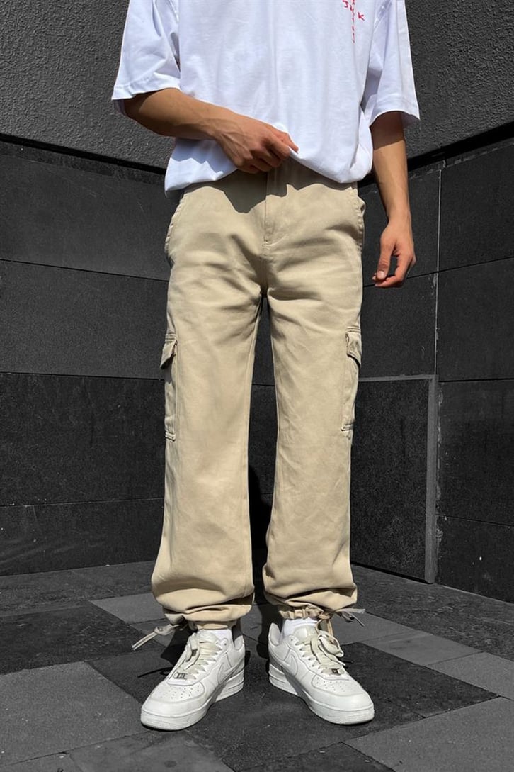 Cep Detaylı Bej Baggy Pantolon