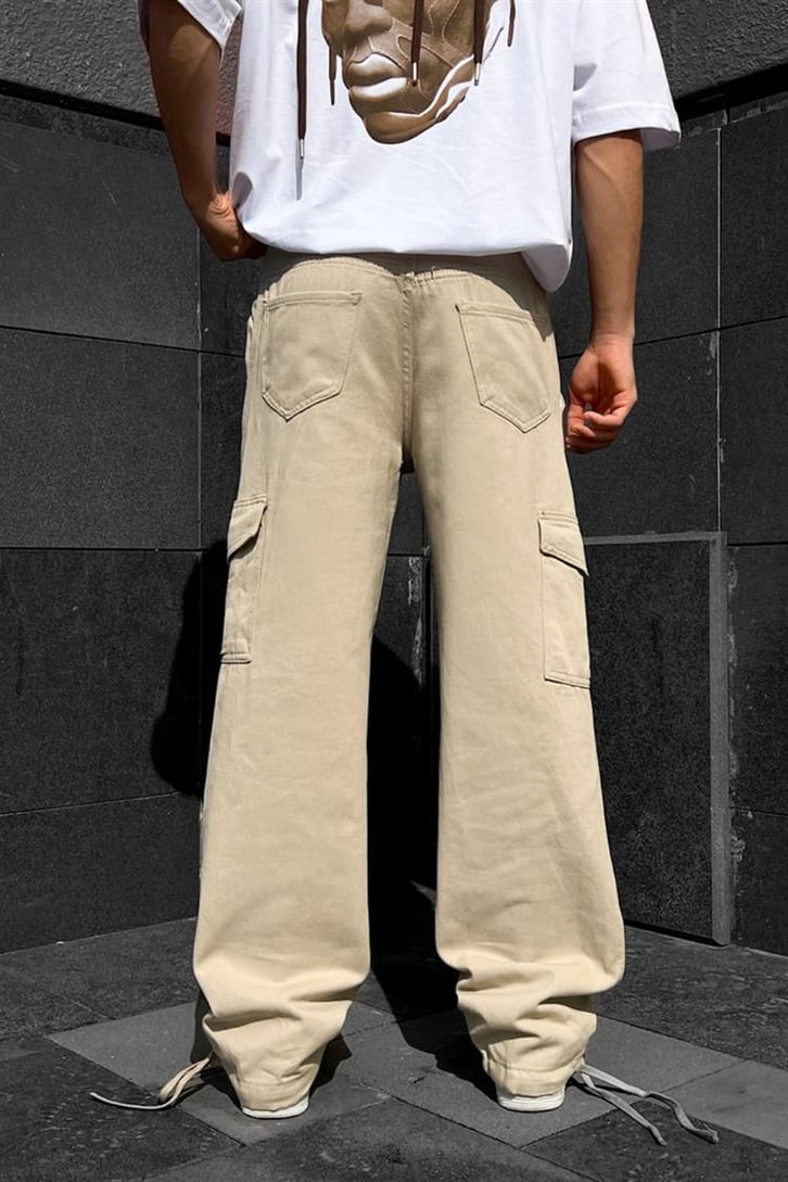 Cep Detaylı Bej Baggy Pantolon