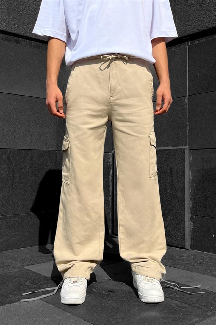 Cep Detaylı Bej Baggy Pantolon