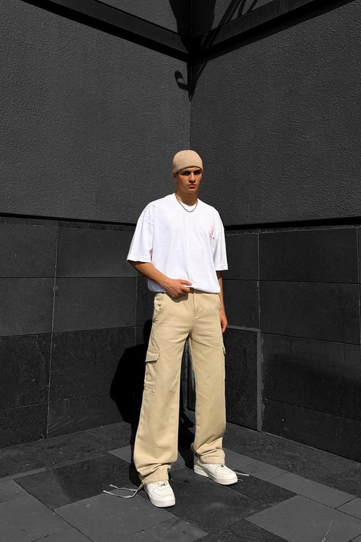 Cep Detaylı Bej Baggy Pantolon