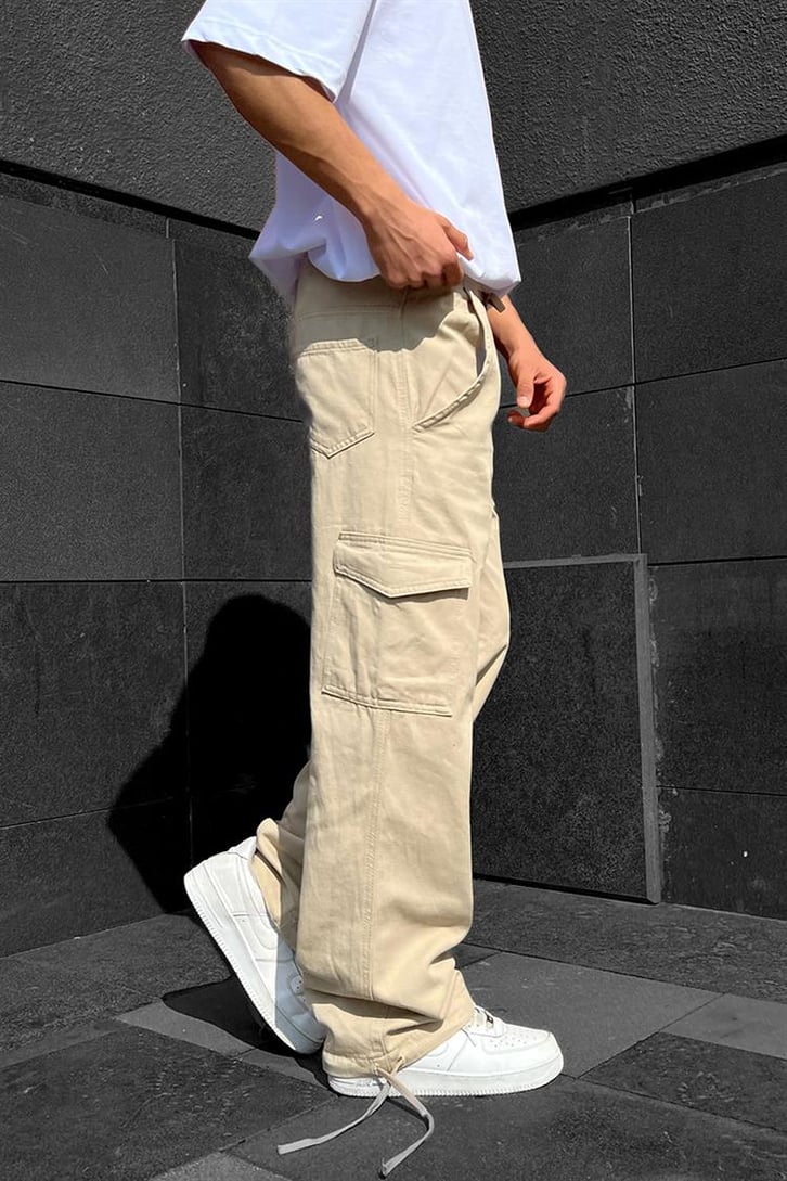 Cep Detaylı Bej Baggy Pantolon