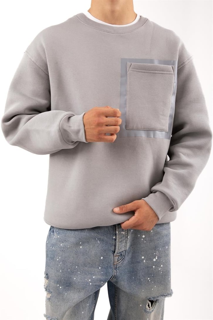 Cep Detaylı Gri Oversize Sweatshirt