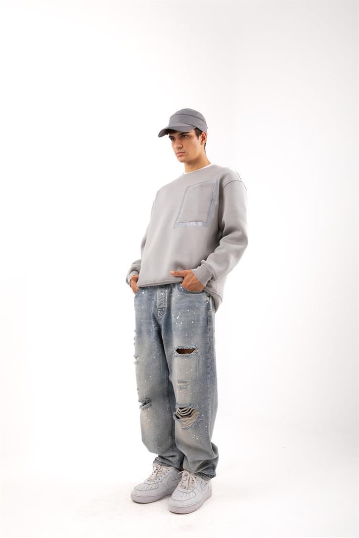 Cep Detaylı Gri Oversize Sweatshirt