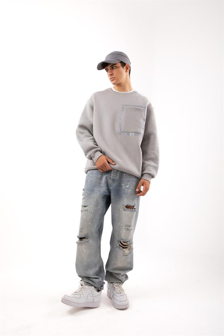 Cep Detaylı Gri Oversize Sweatshirt