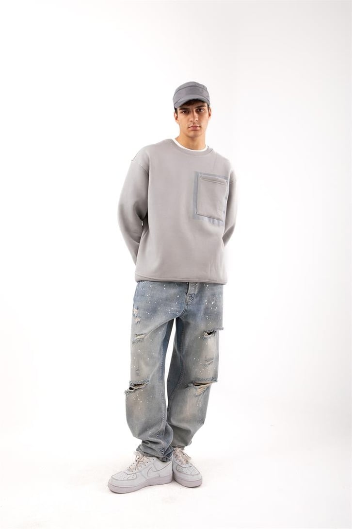 Cep Detaylı Gri Oversize Sweatshirt