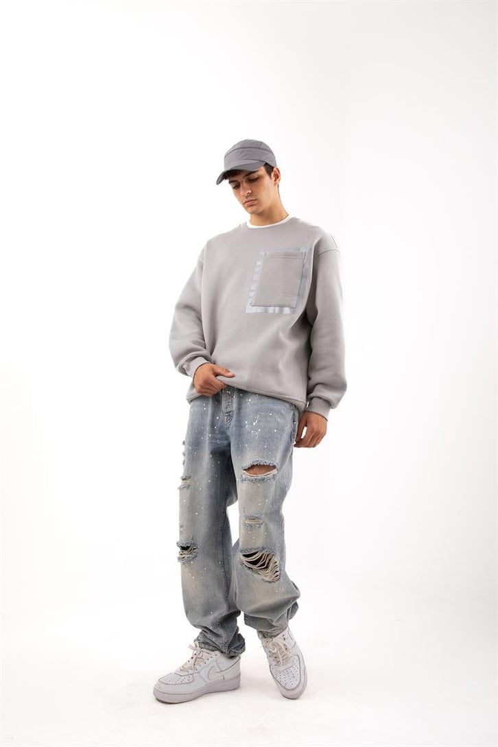 Cep Detaylı Gri Oversize Sweatshirt